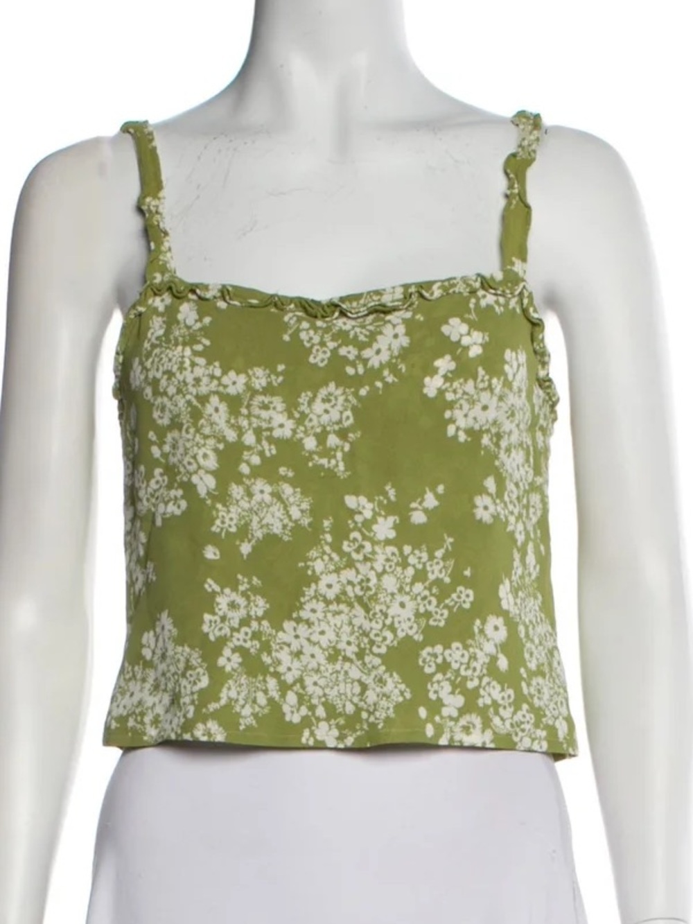 REFORMATION Green Floral Ruffle-Trim Cami Top